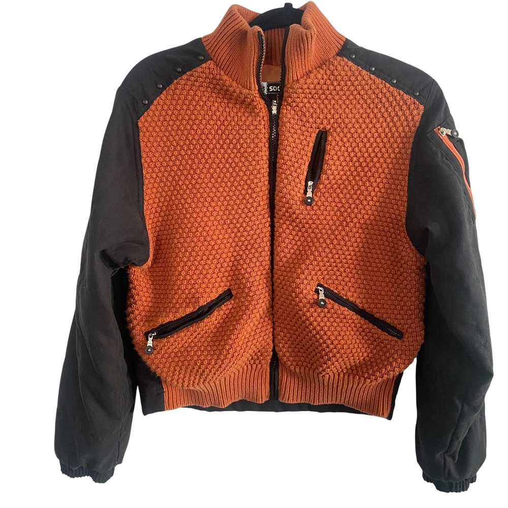 Jamie‎ Sadock Womens Orange Knit Black Sleeve Small Bomber Jacket Y2K Zip Up